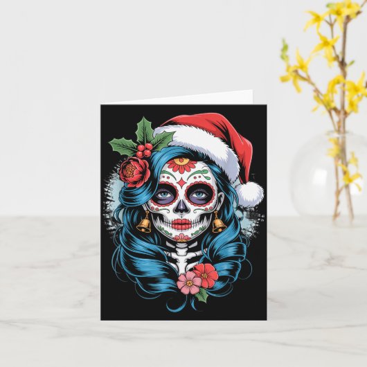 Christmas Sugar Skull Art Woman Santa Hat Festive Kaart (Gele Bloem)
