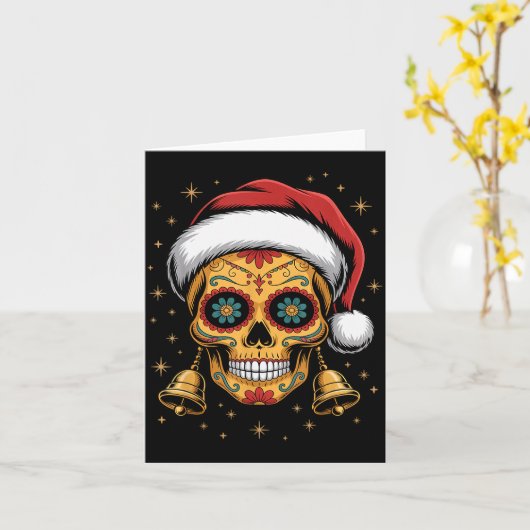 Christmas Sugar Skull Art Woman Santa Hat Festive  Kaart (Gele Bloem)