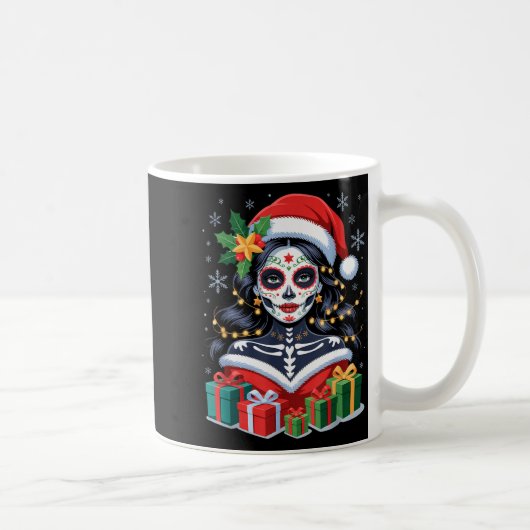 Christmas Sugar Skull Art Woman Santa Hat Festive  Koffiemok (Rechts)