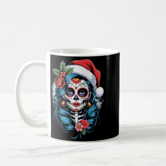 Christmas Sugar Skull Art Woman Santa Hat Festive  Koffiemok (Links)
