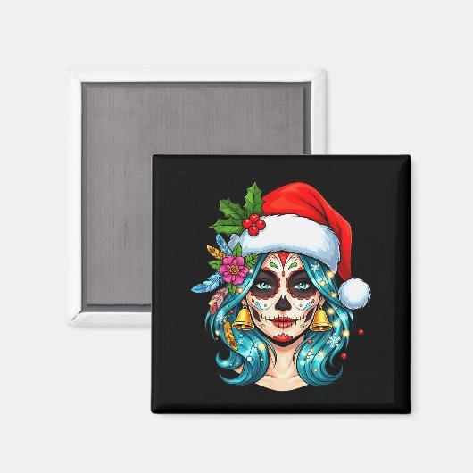 Christmas Sugar Skull Art Woman Santa Hat Festive  Magneet (Voorkant / Achterkant)