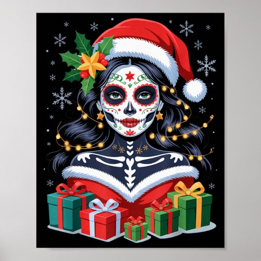 Christmas Sugar Skull Art Woman Santa Hat Festive  Poster (Voorkant)