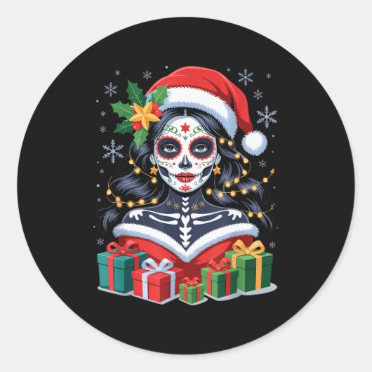 Christmas Sugar Skull Art Woman Santa Hat Festive Ronde Sticker (Voorkant)