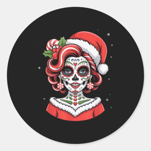 Christmas Sugar Skull Art Woman Santa Hat Festive  Ronde Sticker (Voorkant)