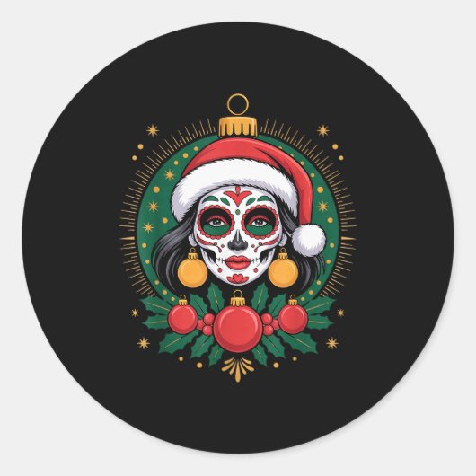 Christmas Sugar Skull Art Woman Santa Hat Festive  Ronde Sticker (Voorkant)