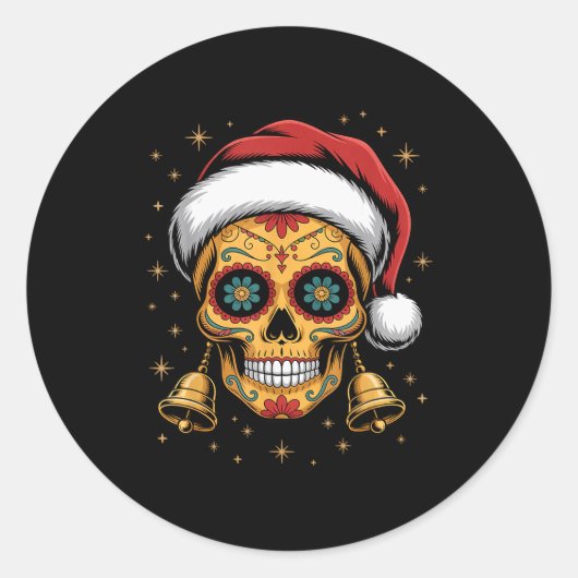 Christmas Sugar Skull Art Woman Santa Hat Festive  Ronde Sticker (Voorkant)