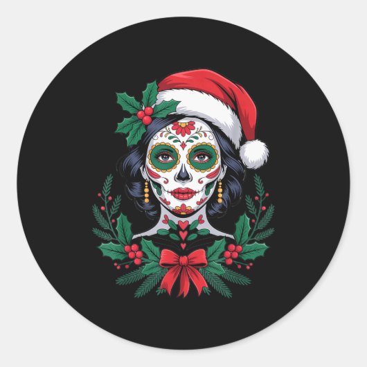 Christmas Sugar Skull Art Woman Santa Hat Festive  Ronde Sticker (Voorkant)