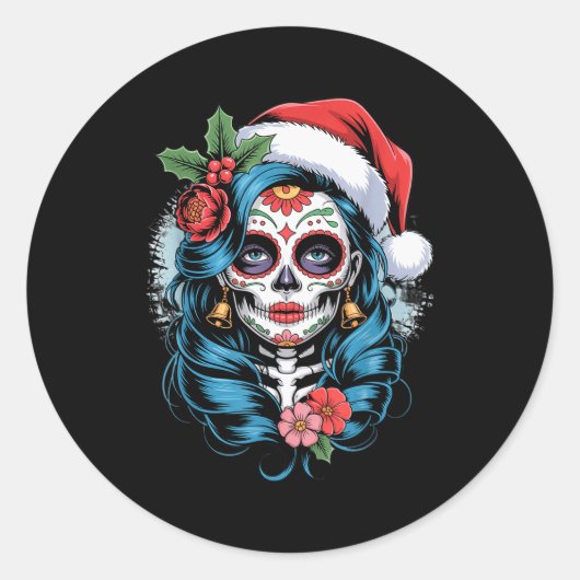 Christmas Sugar Skull Art Woman Santa Hat Festive Ronde Sticker (Voorkant)
