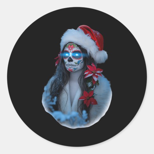Christmas Sugar Skull Art Woman Santa Hat Festive  Ronde Sticker (Voorkant)