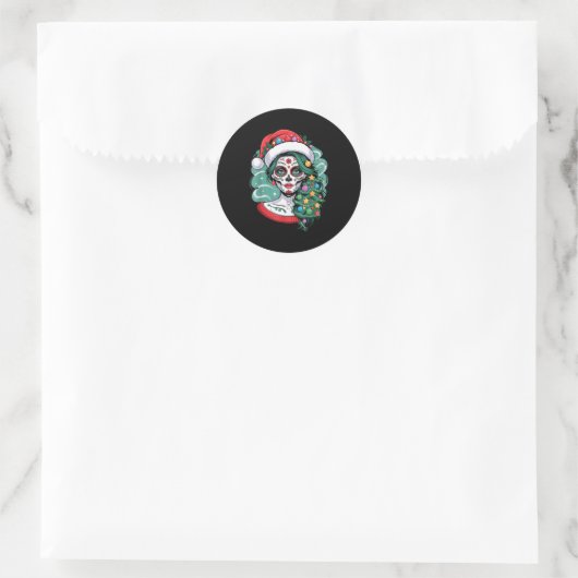 Christmas Sugar Skull Art Woman Santa Hat Festive  Ronde Sticker (Tas)