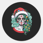Christmas Sugar Skull Art Woman Santa Hat Festive  Ronde Sticker (Voorkant)