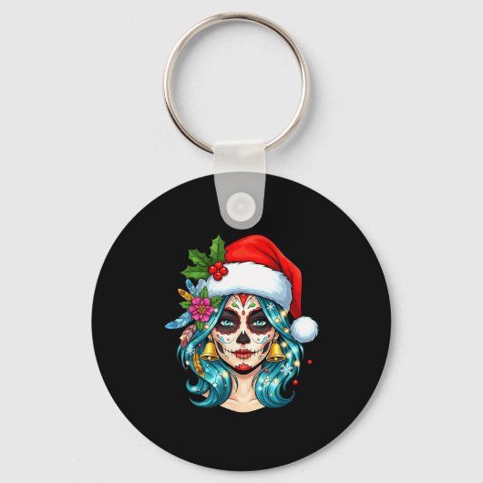 Christmas Sugar Skull Art Woman Santa Hat Festive  Sleutelhanger (Voorkant)