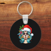 Christmas Sugar Skull Art Woman Santa Hat Festive  Sleutelhanger (Voorkant)