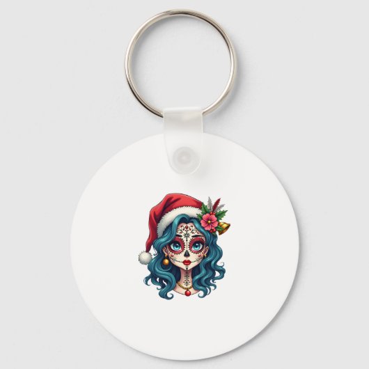 Christmas Sugar Skull Art Woman Santa Hat Festive Sleutelhanger (Voorkant)