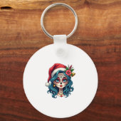 Christmas Sugar Skull Art Woman Santa Hat Festive Sleutelhanger (Voorkant)