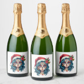 Christmas Sugar Skull Art Woman Santa Hat Festive Sparkling Wijnetiket (Flessen)