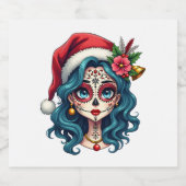 Christmas Sugar Skull Art Woman Santa Hat Festive Sparkling Wijnetiket (Enkel label)