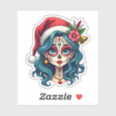 Christmas Sugar Skull Art Woman Santa Hat Festive  Sticker (Vel)