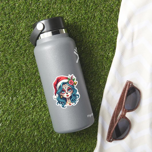 Christmas Sugar Skull Art Woman Santa Hat Festive  Sticker (HydroFlask Insitu)