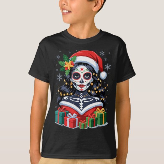 Christmas Sugar Skull Art Woman Santa Hat Festive  T-shirt (Voorkant)