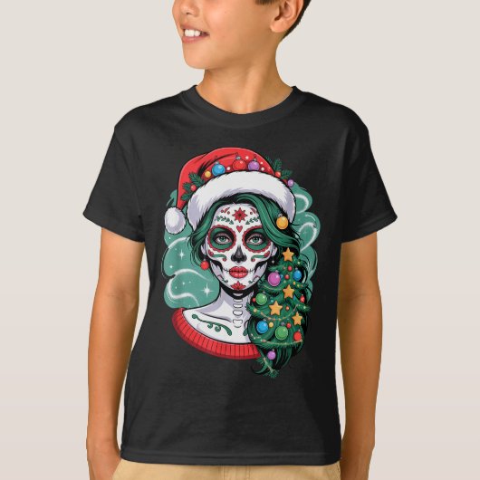 Christmas Sugar Skull Art Woman Santa Hat Festive  T-shirt (Voorkant)
