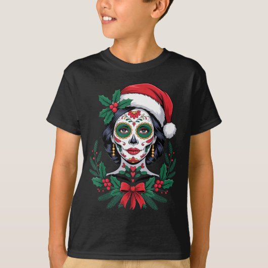 Christmas Sugar Skull Art Woman Santa Hat Festive  T-shirt (Voorkant)