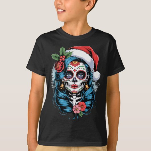 Christmas Sugar Skull Art Woman Santa Hat Festive  T-shirt (Voorkant)
