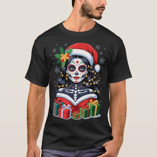 Christmas Sugar Skull Art Woman Santa Hat Festive  T-shirt (Voorkant)