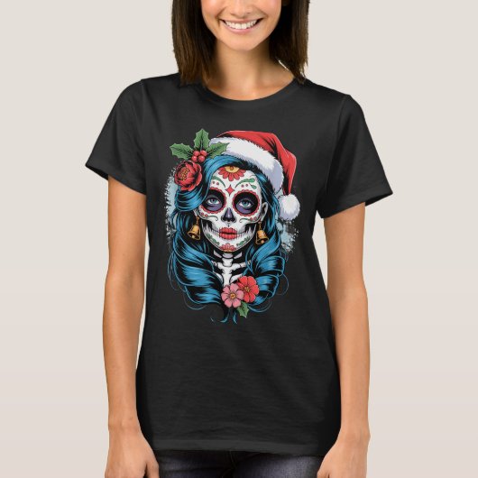 Christmas Sugar Skull Art Woman Santa Hat Festive  T-shirt (Voorkant)