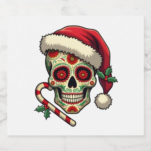 Christmas Sugar Skull Santa Hat Day Of The Dead Xm Sparkling Wijnetiket (Enkel label)