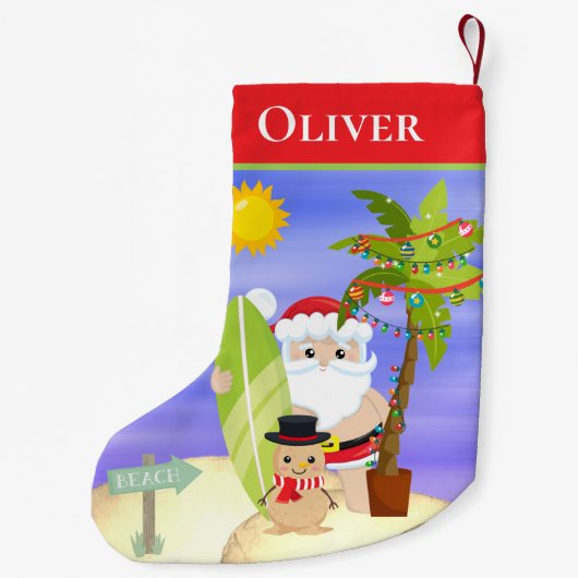 Christmas Summer Santa Beach Surfing Personalized Kleine Kerstsok (Achterkant)