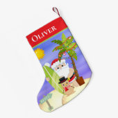 Christmas Summer Santa Beach Surfing Personalized Kleine Kerstsok (Achterkant (Hangend))
