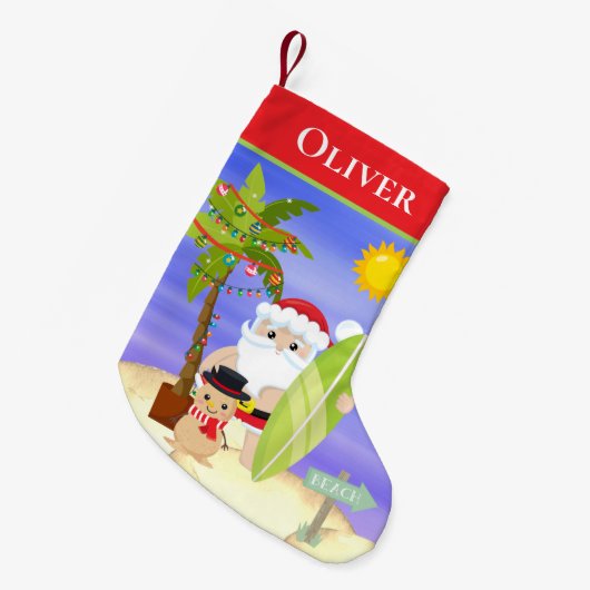 Christmas Summer Santa Beach Surfing Personalized Kleine Kerstsok (Voorkant (Hangend))