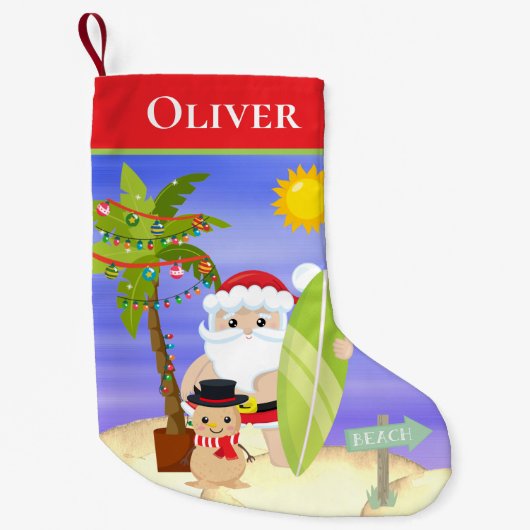 Christmas Summer Santa Beach Surfing Personalized Kleine Kerstsok (Voorkant)