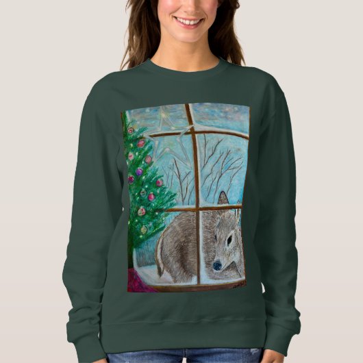 Christmas sweatshirt: Deer looking through window Trui (Voorkant)