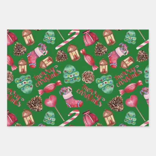 Christmas Sweets and Decorations Green  Inpakpapier Vel (Voorkant 3)