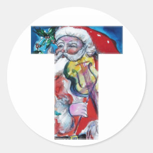 CHRISTMAS T BRIEF / SANTA MET VIOLIN MONOGRAM RONDE STICKER