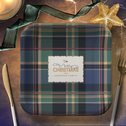 Christmas Tartan Navy Blue Green ID1141B Papieren Bordje