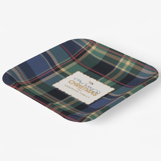 Christmas Tartan Navy Blue Green ID1141B Papieren Bordje (Gebogen)