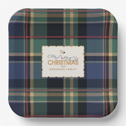 Christmas Tartan Navy Blue Green ID1141B Papieren Bordje (Voorkant)
