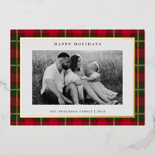 Christmas Tartan Plaid Tweezijdige Familiefoto Folie Feestdagenkaart (Voorkant)