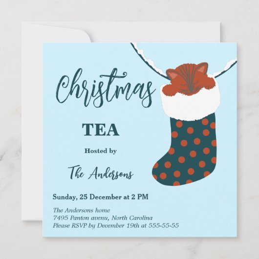  Christmas Tea Holly’s Boots Cat Party Invitation Kaart (Voorkant)