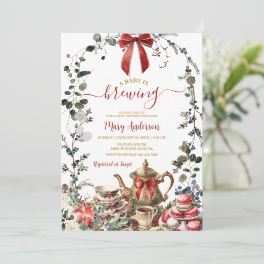 Christmas Tea Party Baby is Brewing Baby Shower Kaart (Staand voorkant)