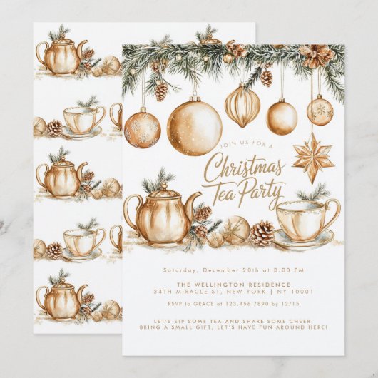 Christmas Tea Party Minimalistisch Elegant Goud Kaart (Voorkant / Achterkant)