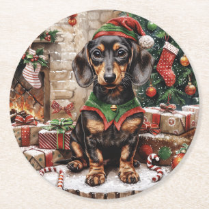 Christmas Teckel Dogs Elf Ronde Kartonnen Onderzetter