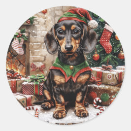 Christmas Teckel Dogs Elf Ronde Sticker