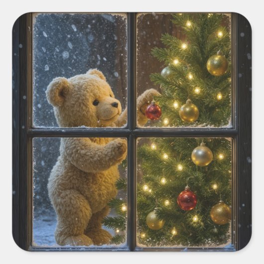 Christmas Teddy Bear Decorating a Tree Vierkante Sticker (Voorkant)