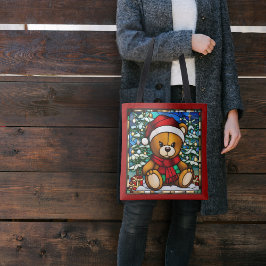 Christmas Teddy Bear Faux Glas in lood Tote Bag