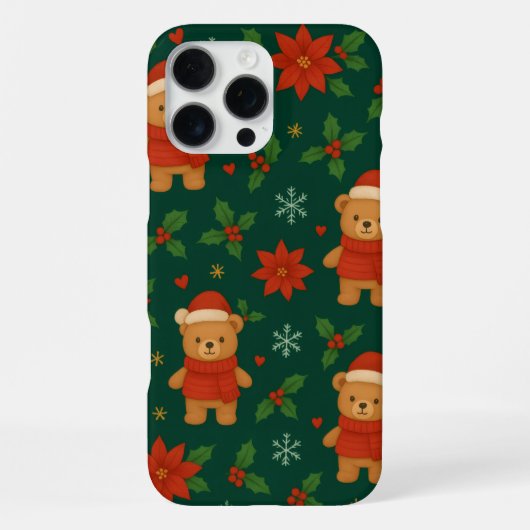Christmas Teddy Bear Pattern – Cute Green Holiday iPhone Hoesje (Achterkant)