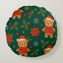 Christmas Teddy Bear Pattern – Cute Green Holiday  Rond Kussen